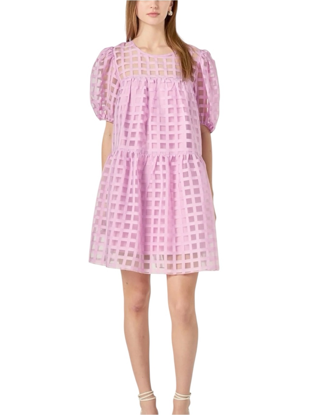 NWT English Factory Gridded Puff Sleeve Organza Babydoll Mini Dress SMALL